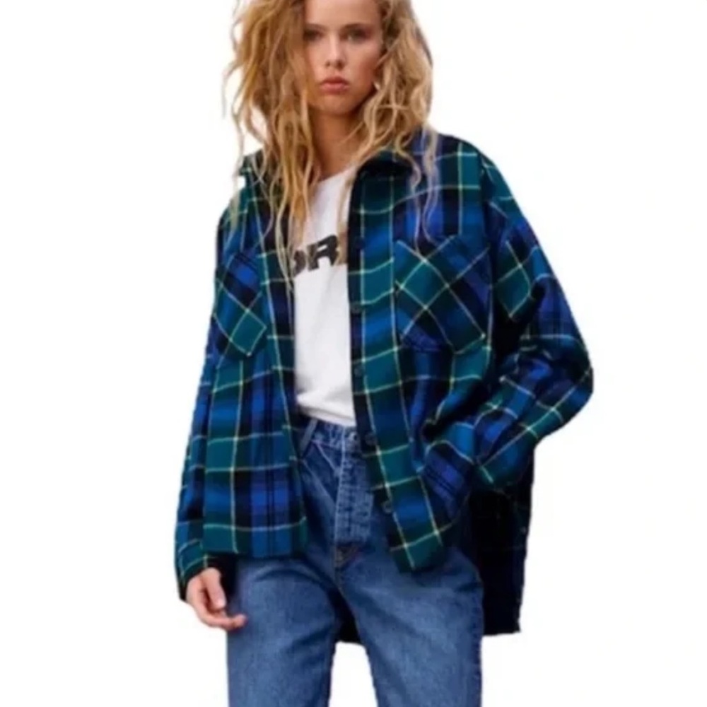 NWOT Zara Plaid Flannel Button Down Wool Blend in Blue Green Size Small